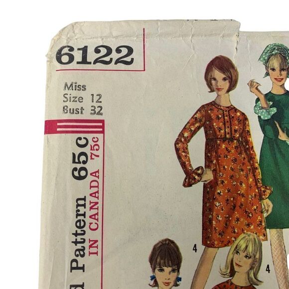 Vintage 60s Simplicity 6122 Pattern Junior Misses 9-16 One Piece Dress Uncut - Picture 2 of 4